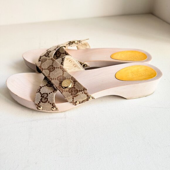 Gucci Canvas Monogram Wood Sole Clog Sandals 37 - Picture 8 of 16